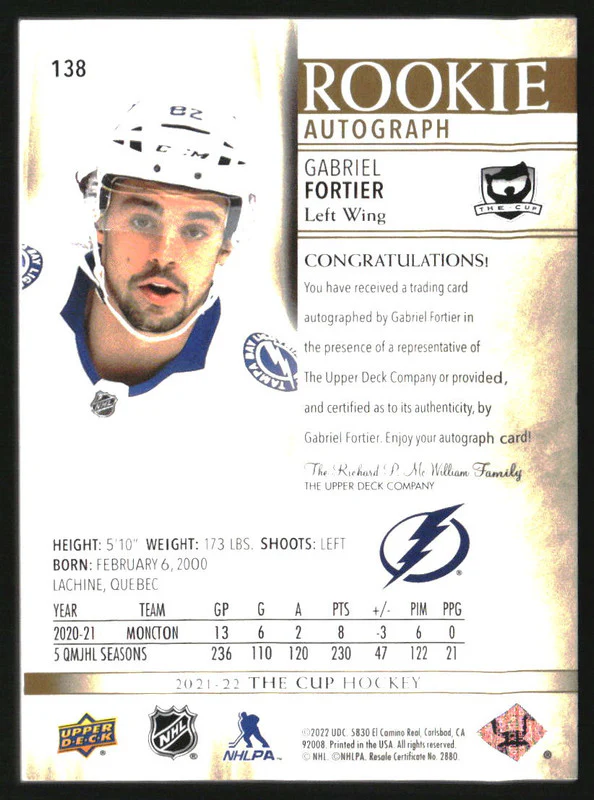 2021-22 The Cup Gold Spectrum #138 Gabriel Fortier RC Auto /36 - Image 2
