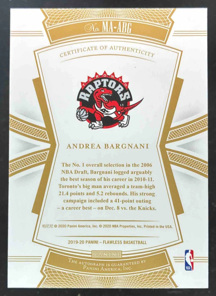 2019-20 Flawless Momentous Autographs Gold #MA-ABG Andrea Bargnani Auto /10 - Image 2