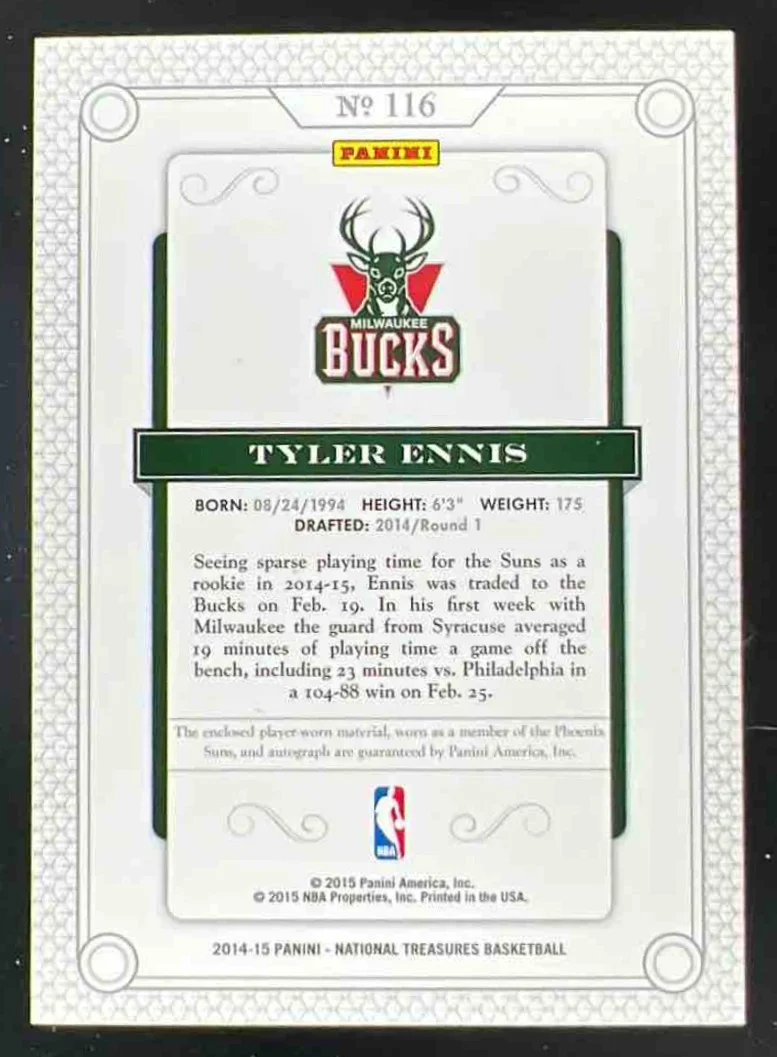 2014-15 Panini National Treasures Gold #116 Tyler Ennis RC Jersey Auto /25 - Image 2
