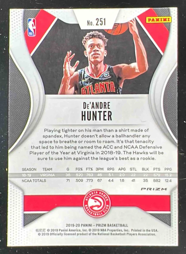 2019-20 Panini Prizm Prizms Premium Blue Shimmer #251 De Andre Hunter RC - Image 2