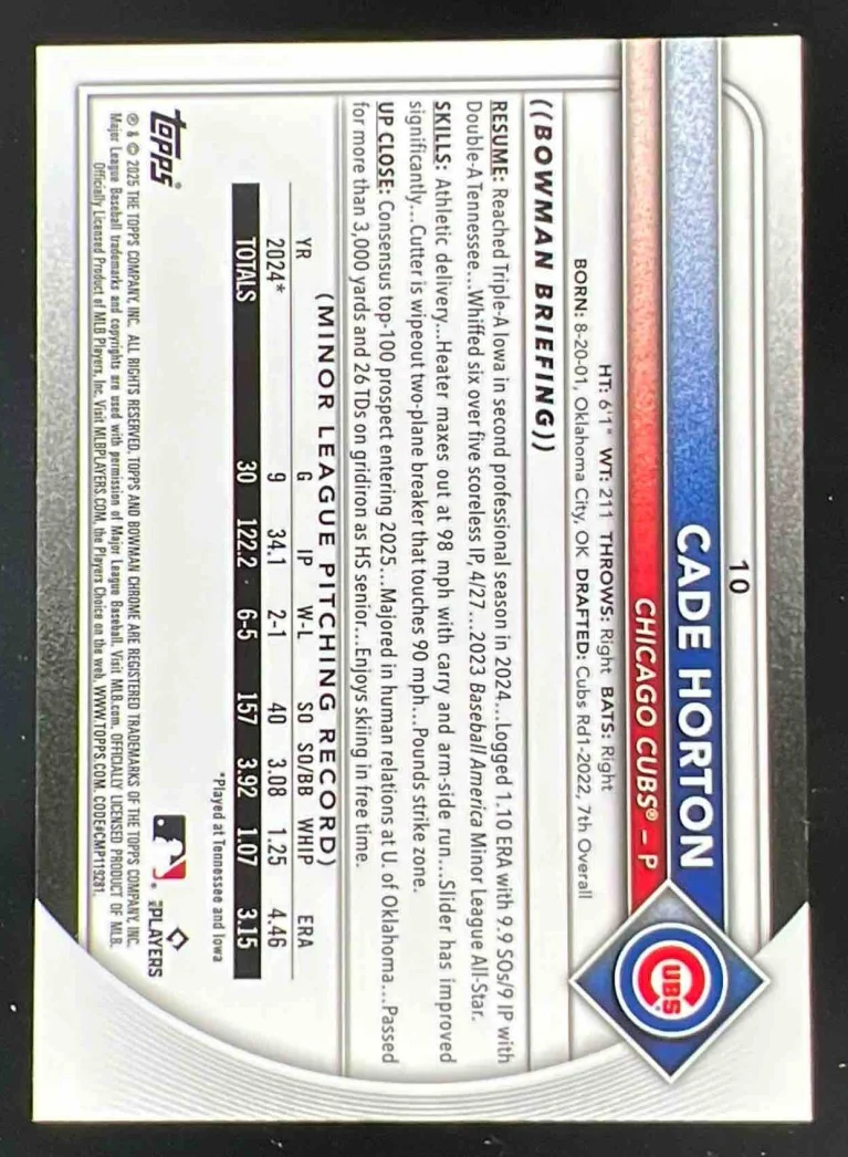2025 Bowman Chrome Red RC Variation #10 Cade Horton RC - Image 2