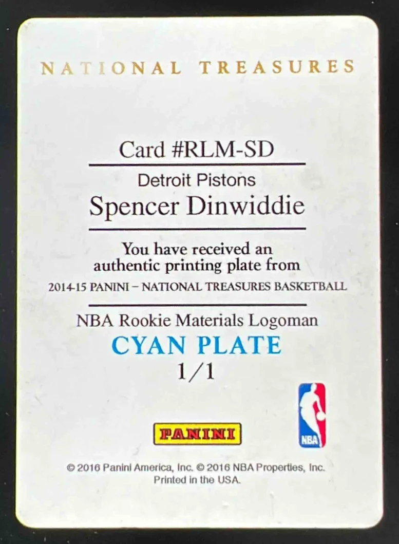 2014 National Treasures Printing Plate Cyan #RLM-SD Spencer Dinwiddie 1/1 - Image 2