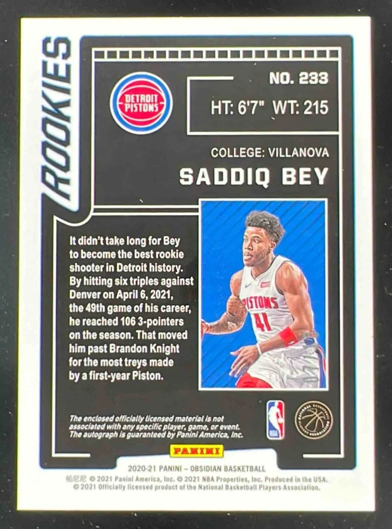 2020-21 Panini Obsidian Electric Etch Yellow #233 Saddiq Bey Autograph RC Auto - Image 2