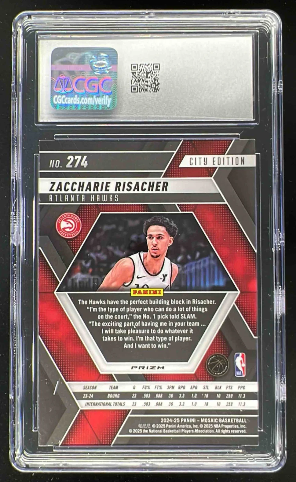 2024-25 Panini Mosaic White Sparkle SP #274 Zaccharie Risacher CGC 10 - Image 2