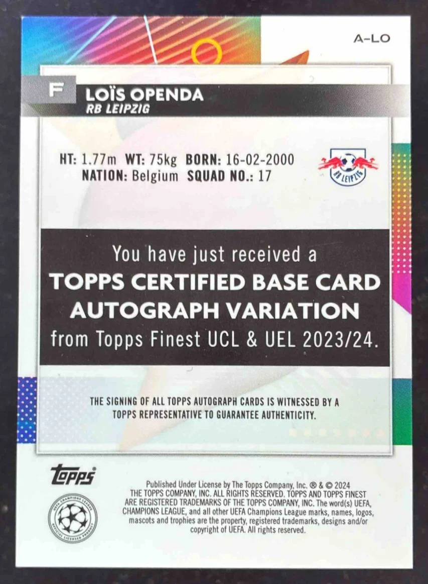 2023 Topps Finest Club Competitions Autographs Orange #A-LO Lois Openda Auto /25 - Image 2