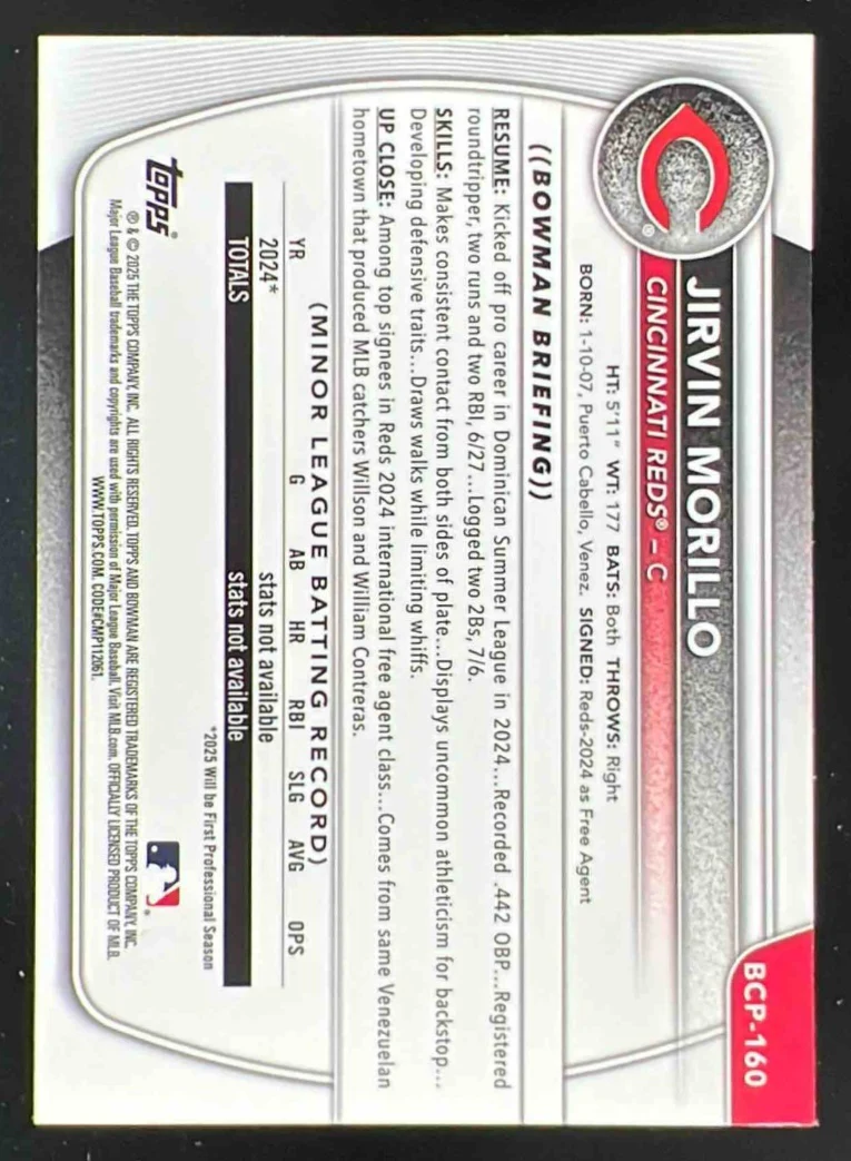 2025 Bowman Chrome Prospects Popcorn Refractors #BCP160 Jirvin Morillo RC - Image 2