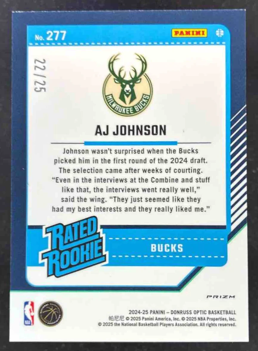 2024-25 Panini Donruss Optic Rated Rookie Fast Break Pink #277 AJ Johnson RC /25 - Image 2