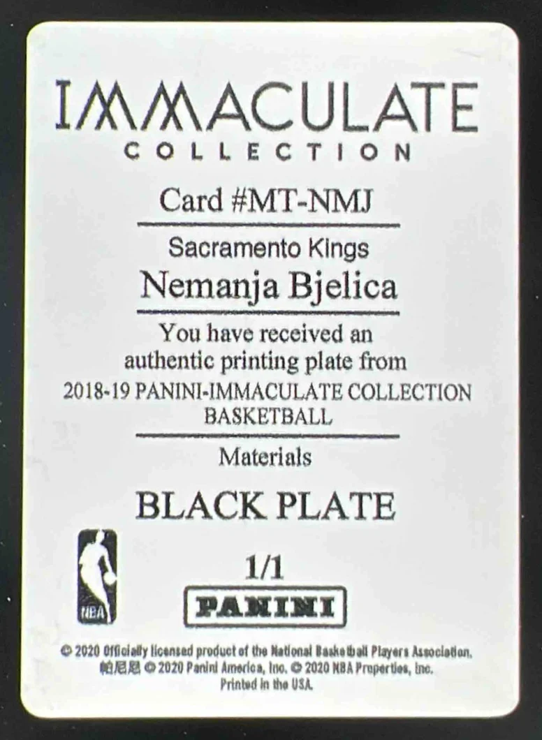 2018 Immaculate Collection Printing Plate Black Nemanja Bjelica 1/1 - Image 2