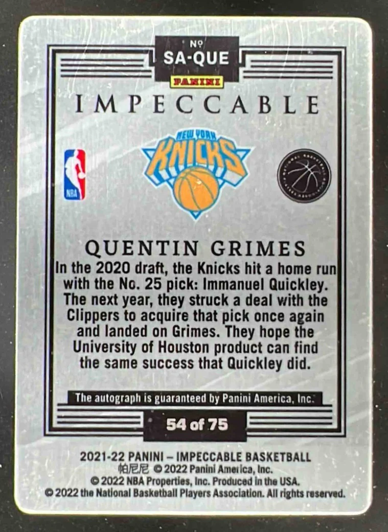 2021 Panini Impeccable Stainless Stars Blue #SA-QUE Quentin Grimes RC Auto /75 - Image 2
