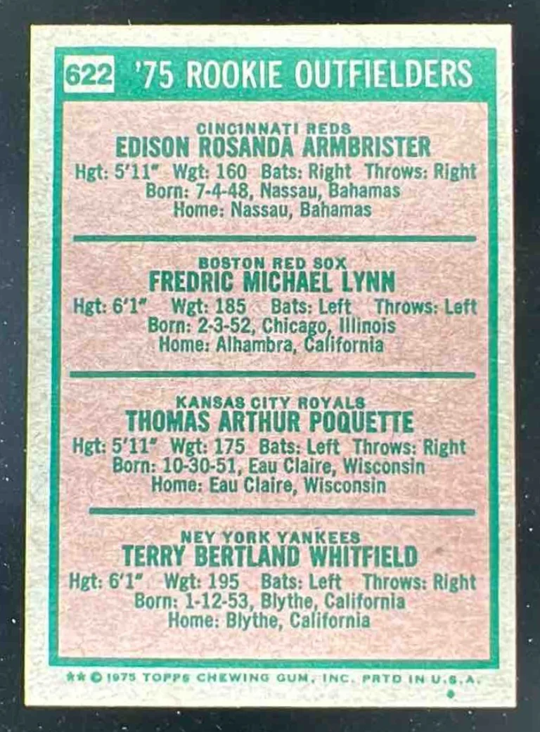1975 Topps #622 Ed Armbrister Fred Lynn Tom Poquette Terry Whitfield RC - Image 2