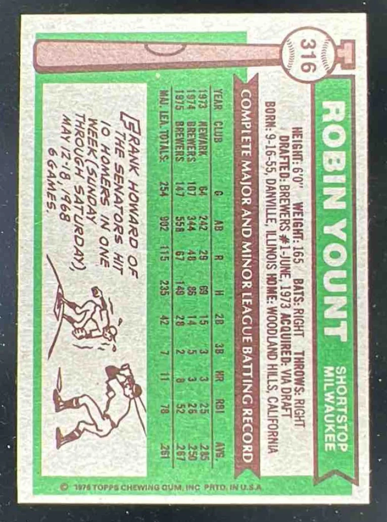 1976 Topps #316 Robin Yount - Image 2