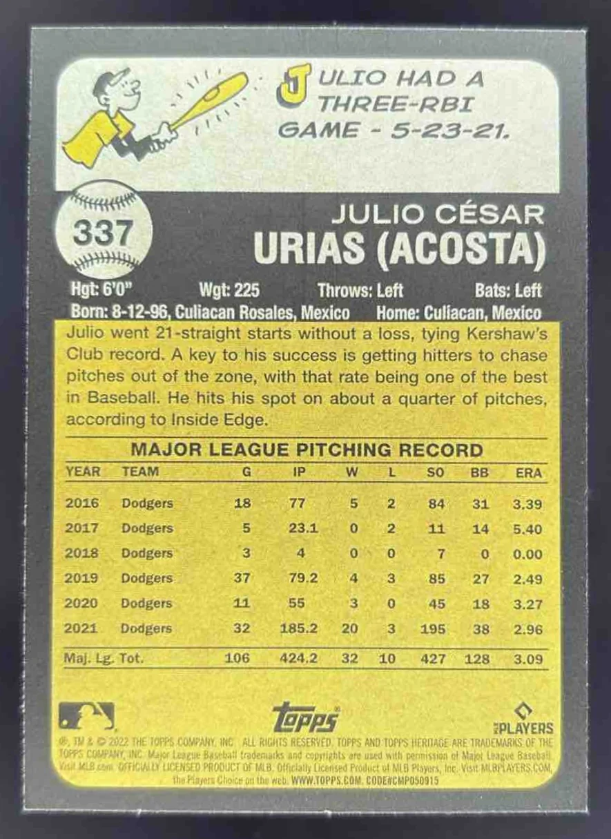 2022 Topps Heritage #337 Julio Urias - Image 2
