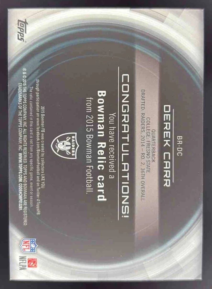 2015 Bowman Relics Orange #BR-DC Derek Carr /25 - Image 2