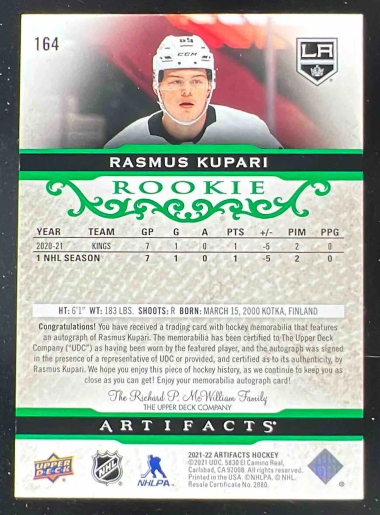 2021 Upper Deck Artifacts Material Emerald Rasmus Kupari RC Auto /45 - Image 2
