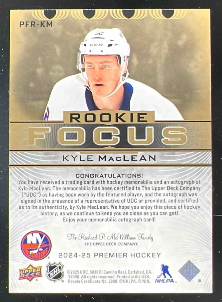 2024-25 UD Premier Focus Auto Patch Rookies Gold Kyle MacLean Auto /49 - Image 2