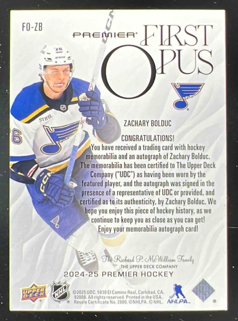 2024-25 UD Premier First Opus Rookie Auto Jersey #FO-ZB Zachary Bolduc Auto /35 - Image 2