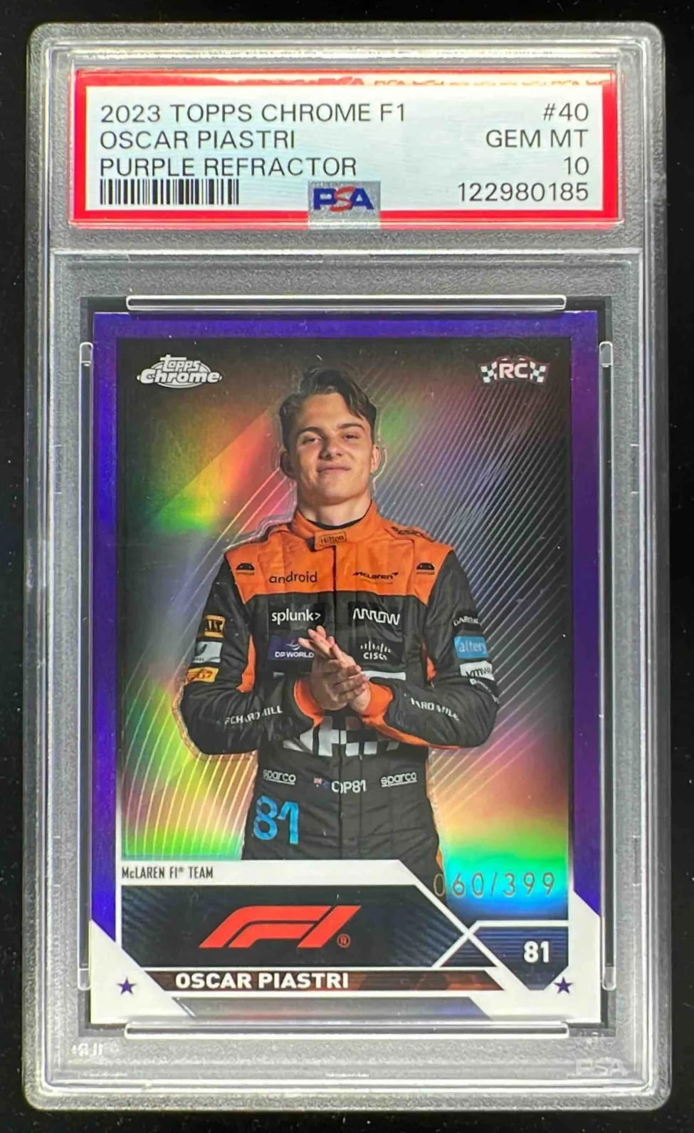 2023 Topps Chrome Formula 1 Purple Refractor #40 Oscar Piastri RC /399 PSA 10