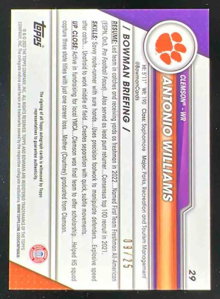 2023 Bowman University Chrome Orange Refractor #29 Antonio Williams Auto /25 - Image 2