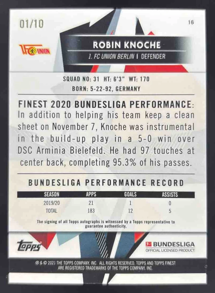 2020 Topps Finest Bundesliga Orange Wave #16 Robin Knoche Autograph Auto /10 - Image 2