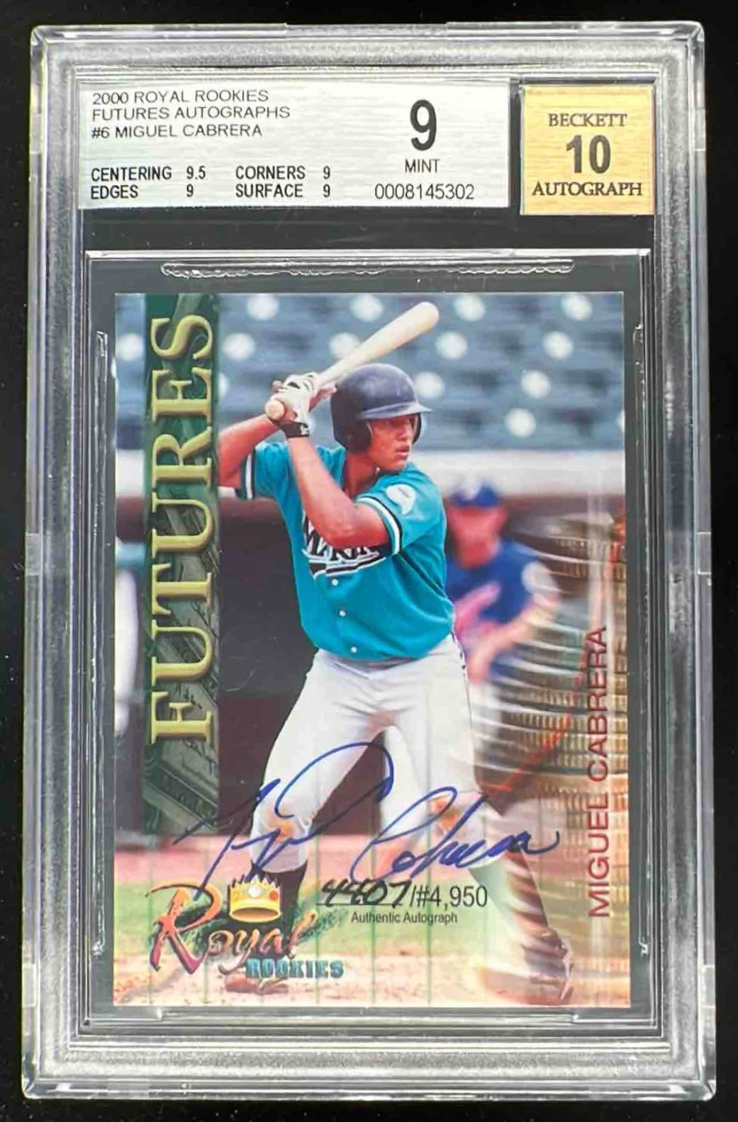 2000 Royal Rookies Futures Autograph Miguel Cabrera Autograph Auto /4950 BGS 9