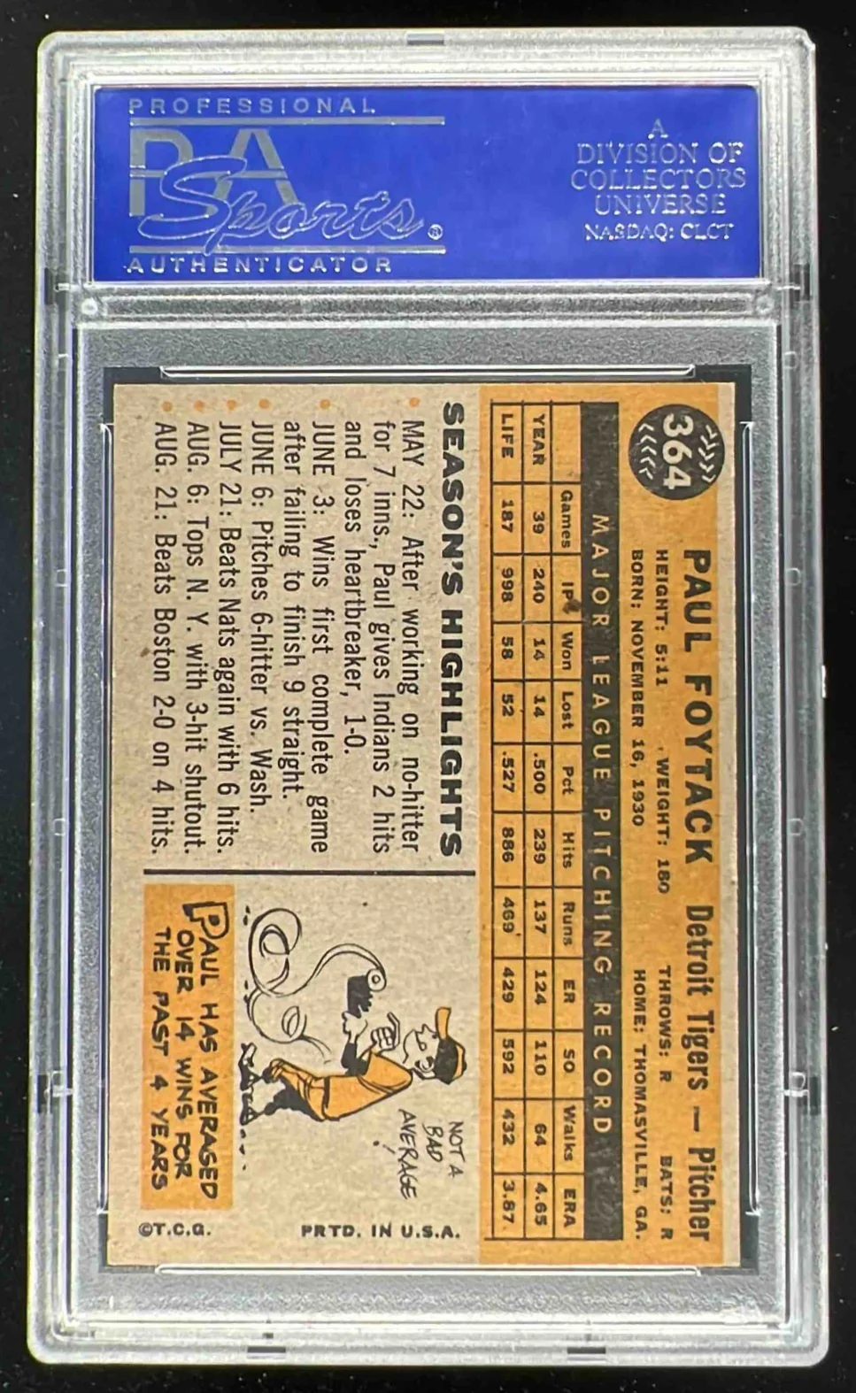 1960 Topps #364 Paul Foytack PSA 8 - Image 2
