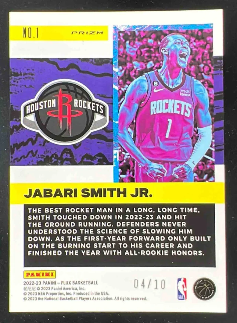 2022-23 Panini Flux Freshman Year Gold Cracked Ice #1 Jabari Smith Jr. RC /10 - Image 2