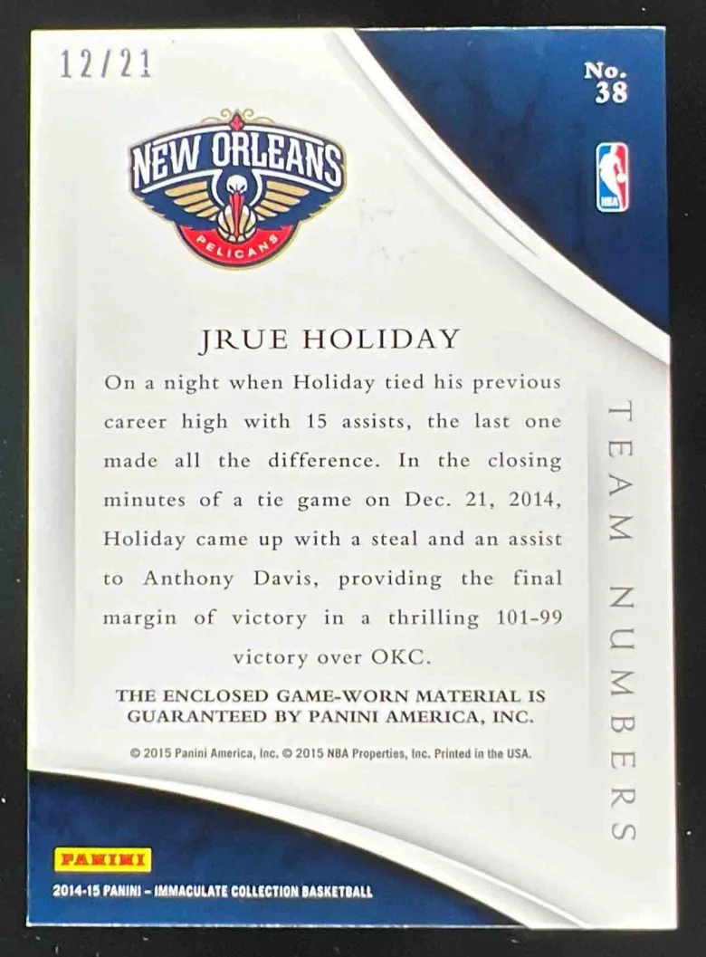 2014-15 Immaculate Collection Team Logos Numbers #38 Jrue Holiday /21 - Image 2