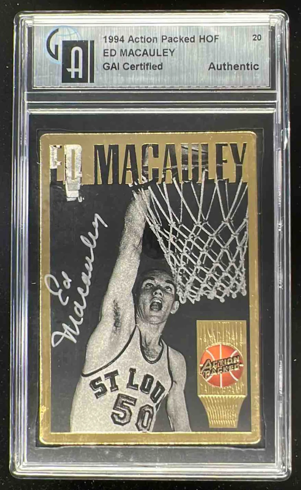 1995-96 Action Packed Hall of Fame Autographs #20 Ed Macauley Auto GAI Authentic