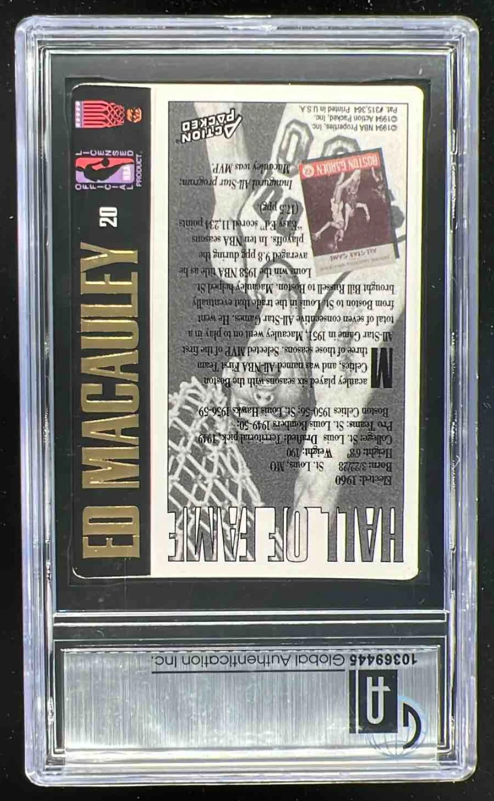 1995-96 Action Packed Hall of Fame Autographs #20 Ed Macauley Auto GAI Authentic - Image 2
