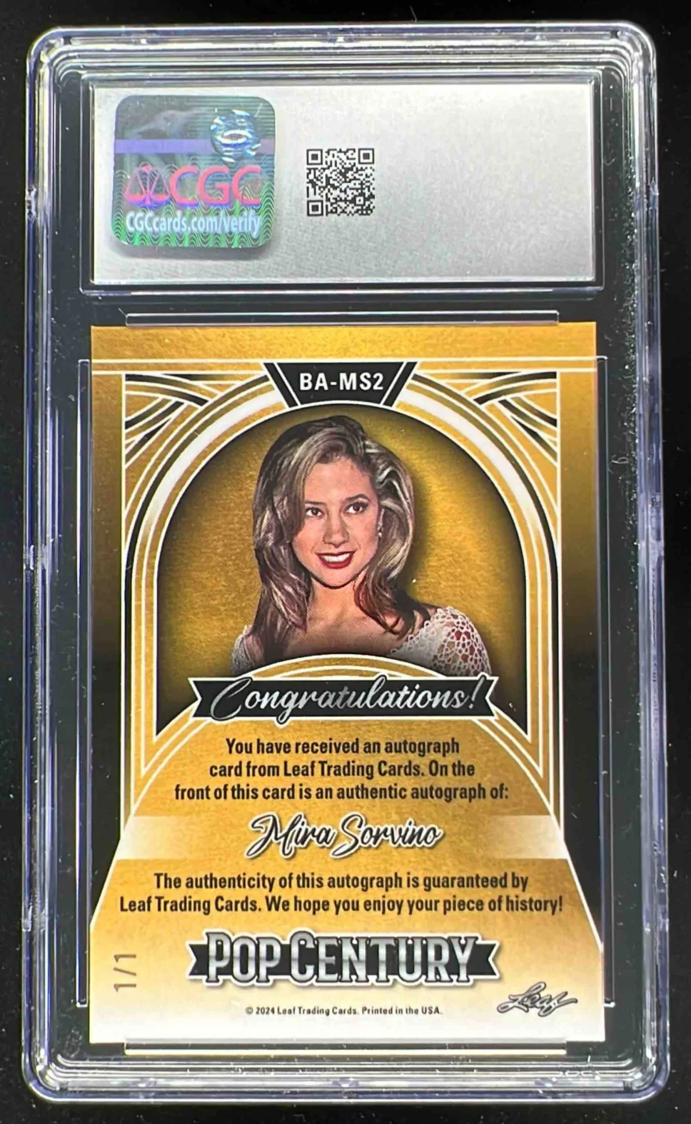 2024 Leaf Metal Pop Century Auto Red Flood #BA-MS2 Mira Sorvino 1/1 CGC 10 - Image 2
