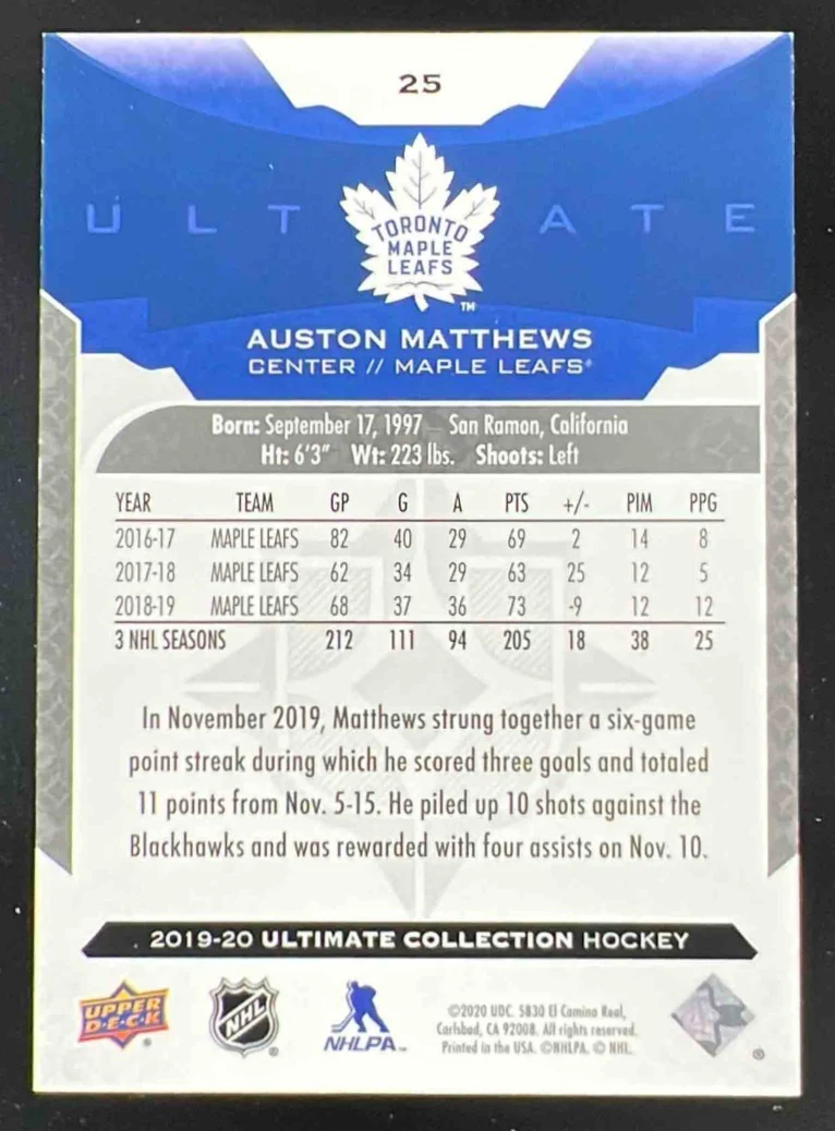 2019-20 Upper Deck Ultimate Collection Onyx Black #25 Auston Matthews /10 - Image 2