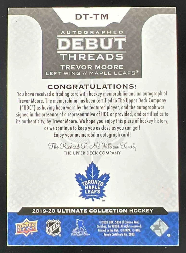 2019 Ultimate Collection Autographed Debut Threads #DT-TM Trevor Moore Auto /99 - Image 2