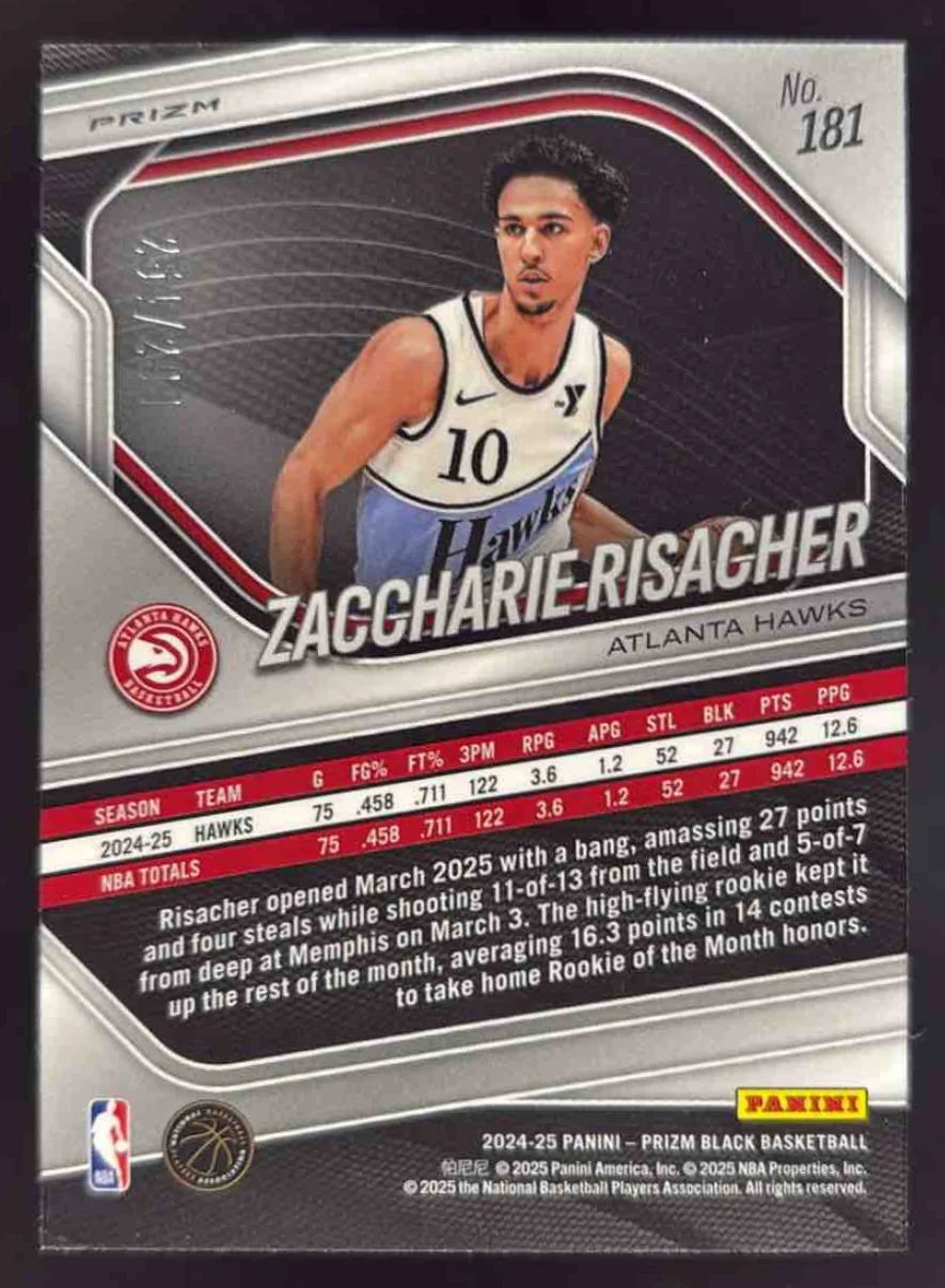 2024-25 Panini Prizm Black Red Prizms #181 Zaccharie Risacher RC /299 - Image 2