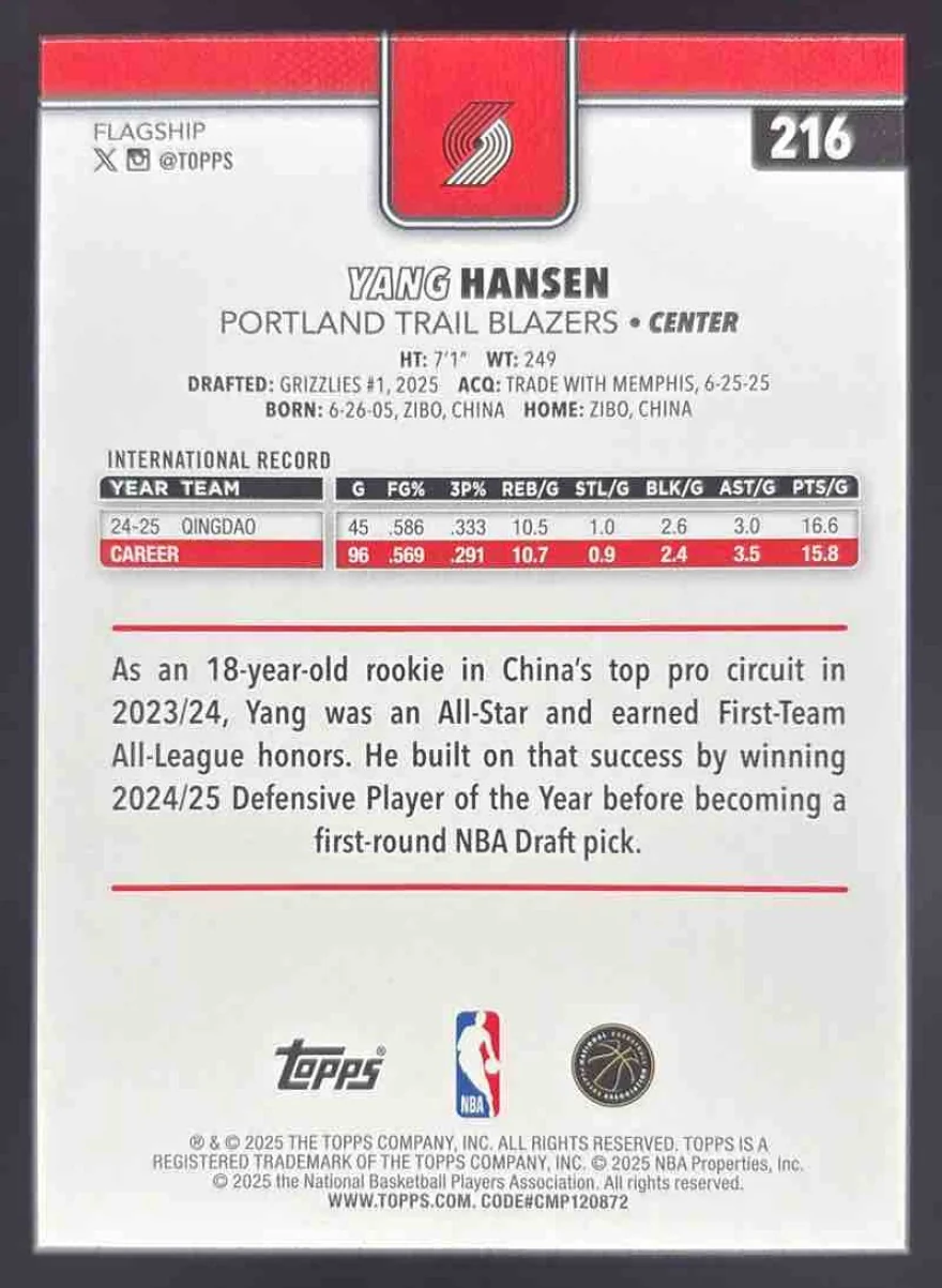 2025-26 Topps Gold #216 Yang Hansen RC /2025 - Image 2