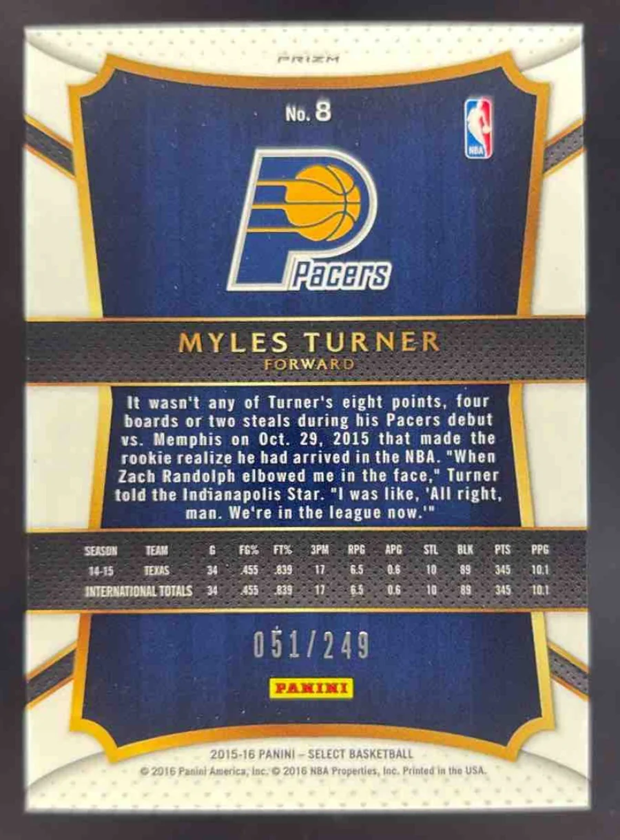 2015-16 Panini Select Concourse Blue Prizms #8 Myles Turner RC /249 - Image 2
