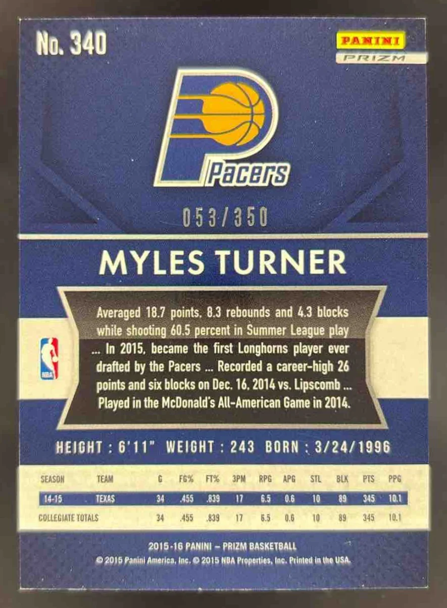 2015-16 Panini Prizm Ruby Wave Prizms #340 Myles Turner RC /350 - Image 2