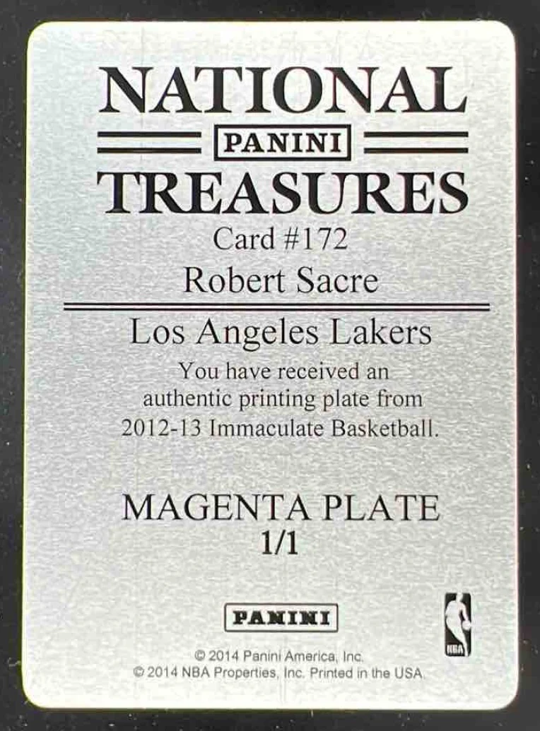 2012-13 Immaculate Printing Plates Magenta #172 Robert Sacre 1/1 - Image 2