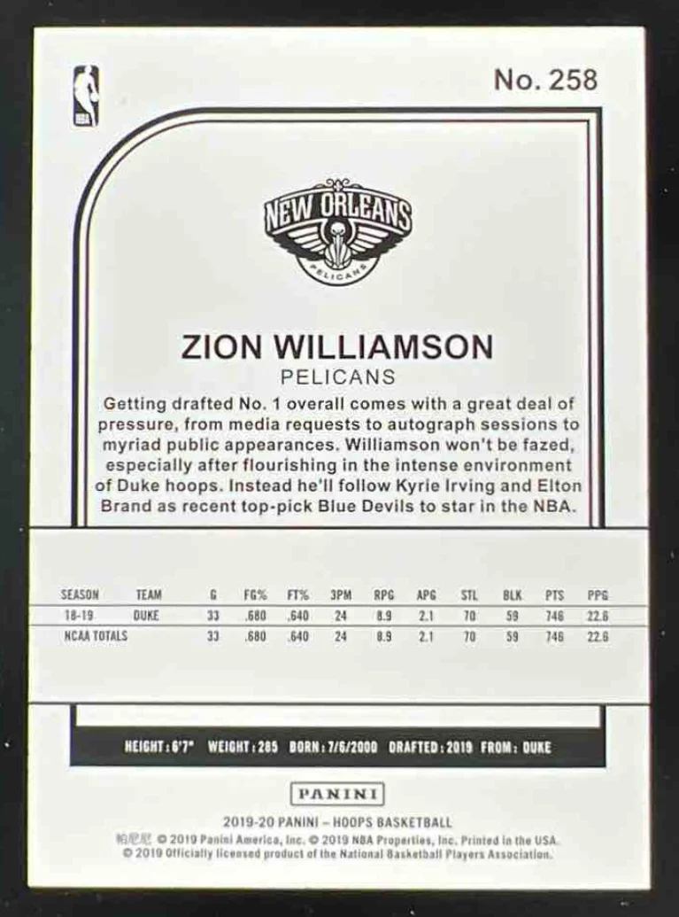 2019-20 Panini Hoops Silver #258 Zion Williamson RC /199 - Image 2