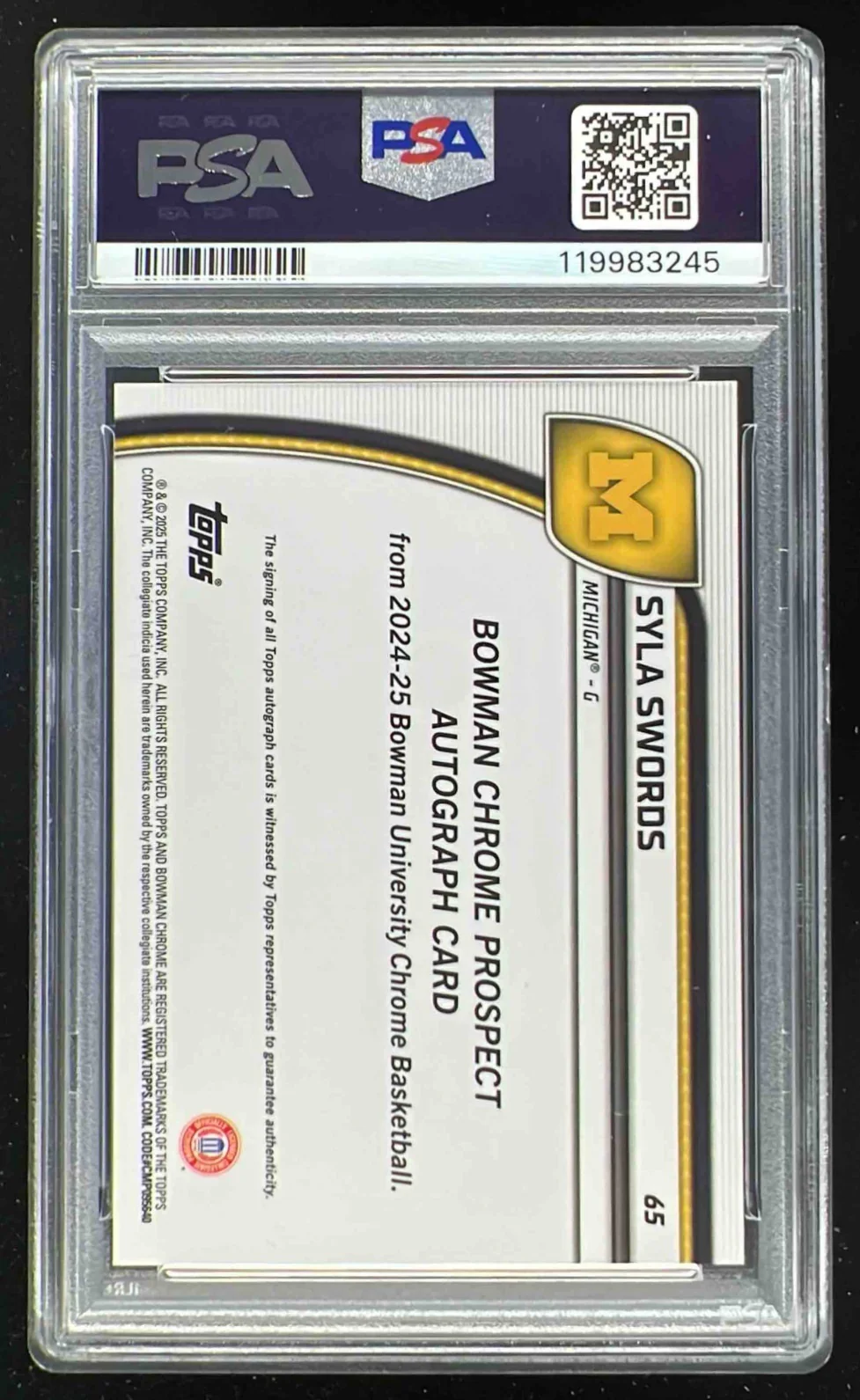 2024-25 Bowman University Chrome Black Blue Stealth Syla Swords Auto /100 PSA 10 - Image 2