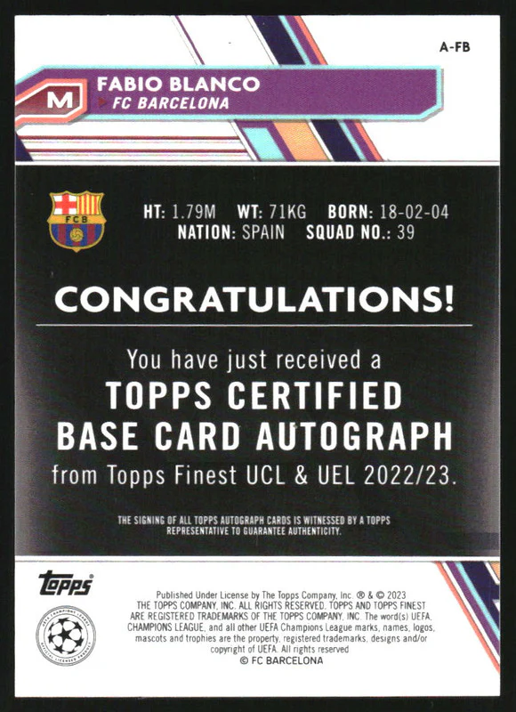 2022-23 Topps UEFA Club Competitions Autographs Red #AFB Fabio Blanco RC Auto /5 - Image 2