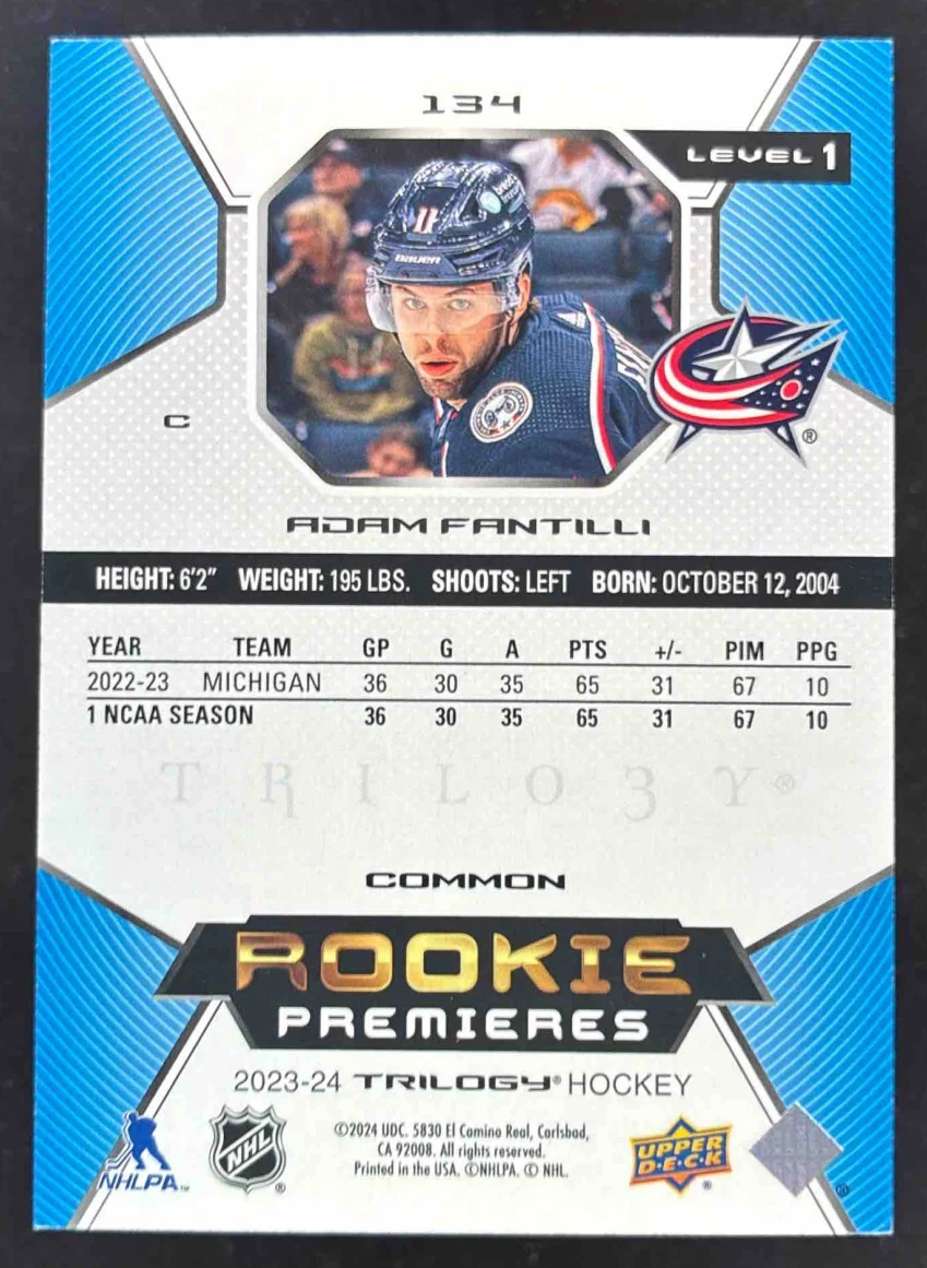 2023-24 Upper Deck Trilogy #134 Adam Fantilli RC /999 - Image 2