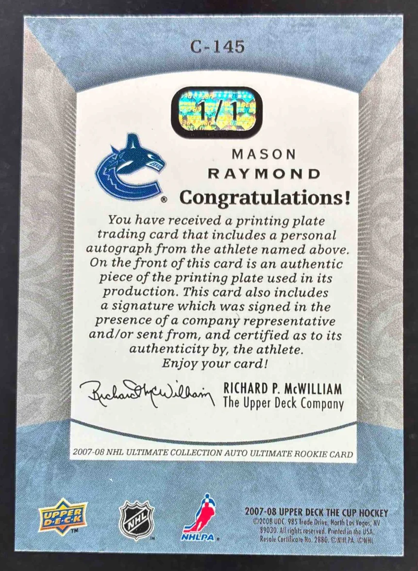 2007 The Cup Ultimate Collection Printing Plates Cyan Mason Raymond RC Auto 1/1 - Image 2
