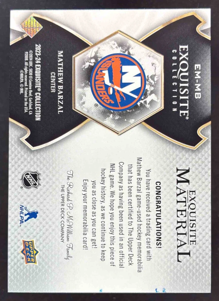 2023 Black Diamond Exquisite Collection Materials Gold #EM-MB Mathew Barzal /5 - Image 2