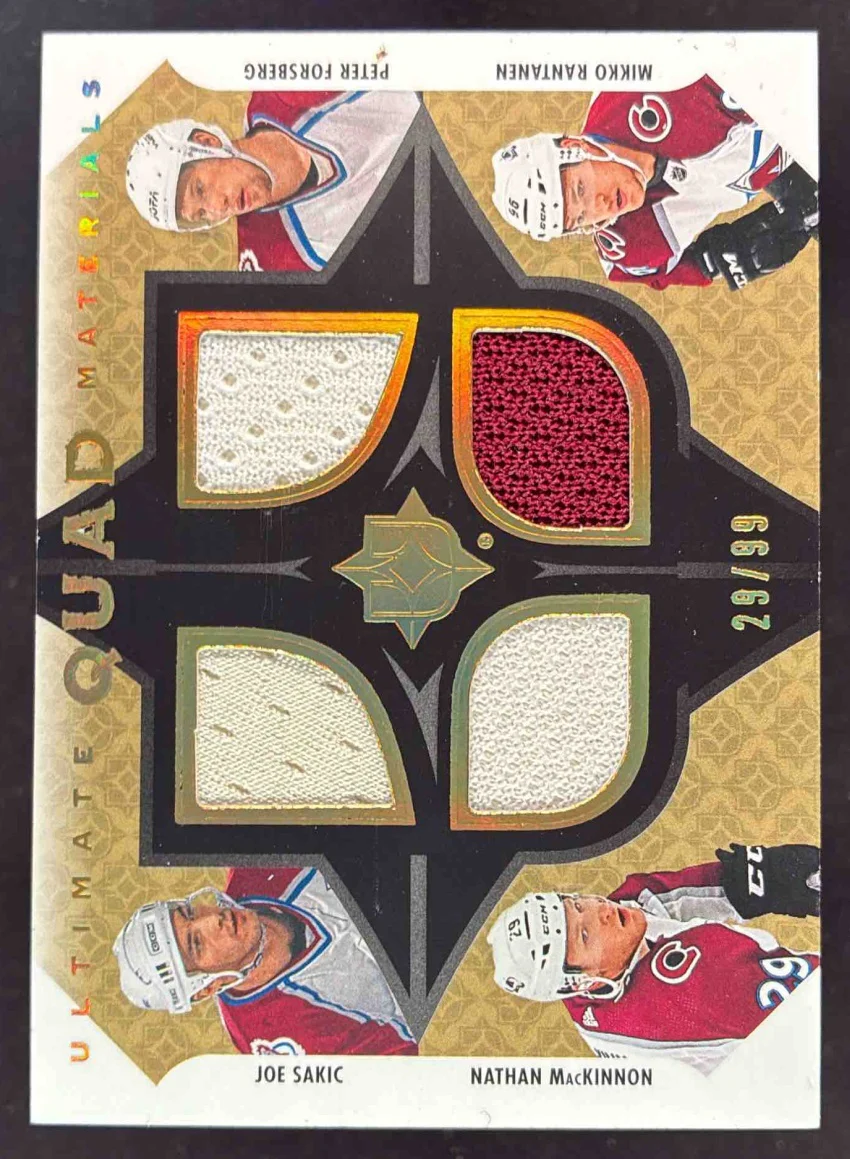 2019 Ultimate Quad Materials Sakic MacKinnon Peter Forsberg Mikko Rantanen /99