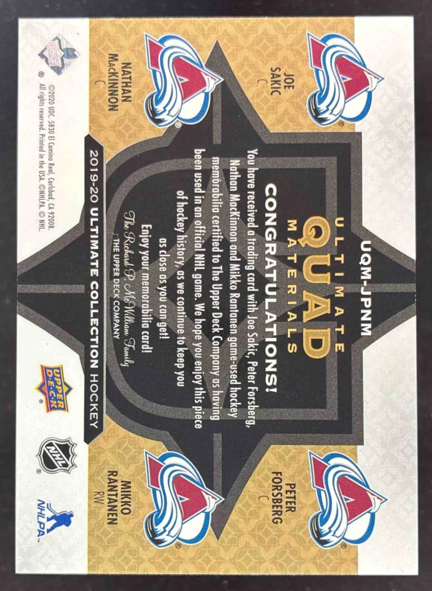 2019 Ultimate Quad Materials Sakic MacKinnon Peter Forsberg Mikko Rantanen /99 - Image 2