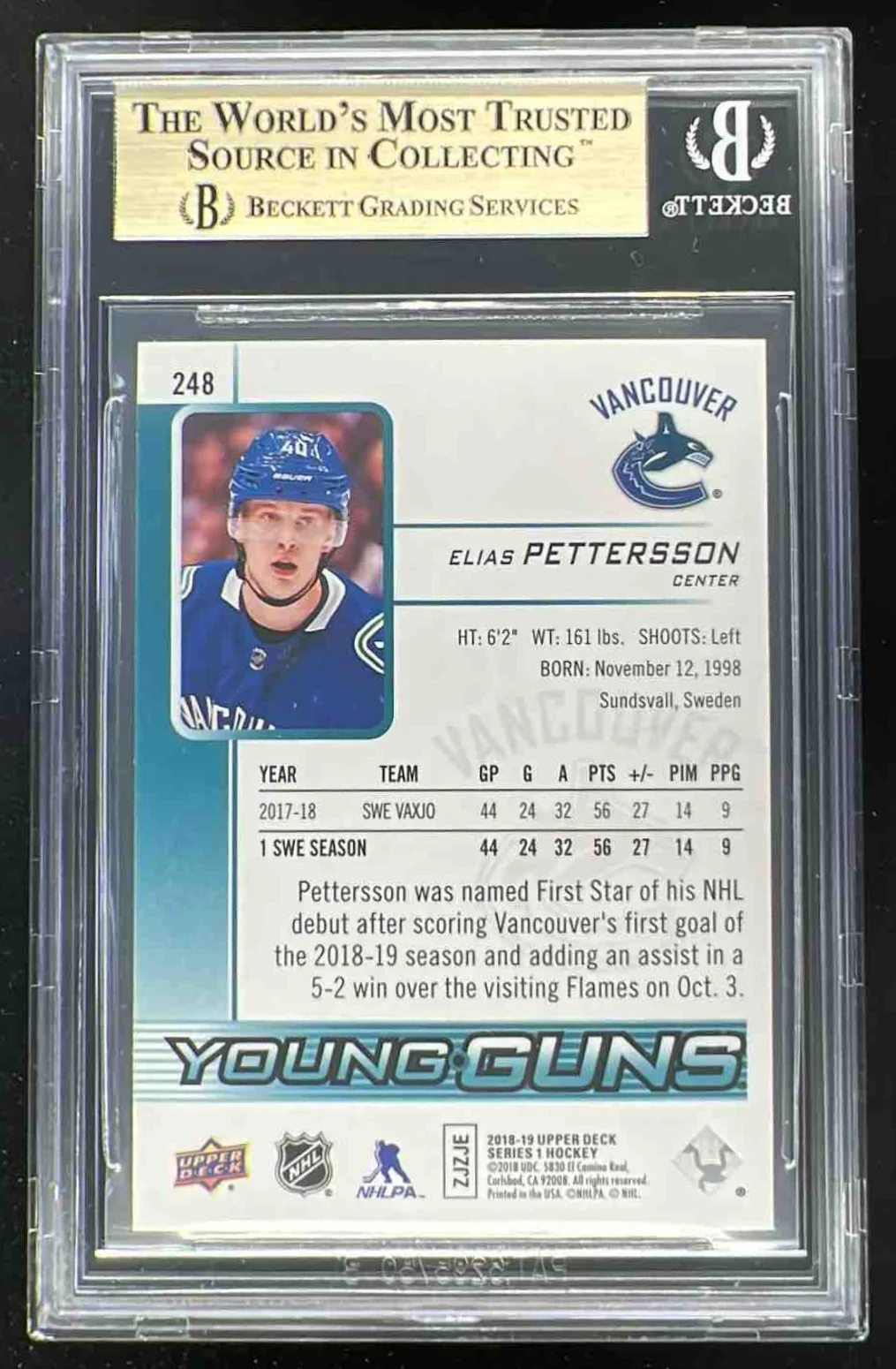 2018-19 Upper Deck #248 Elias Pettersson Young Guns RC BGS 9.5 - Image 2