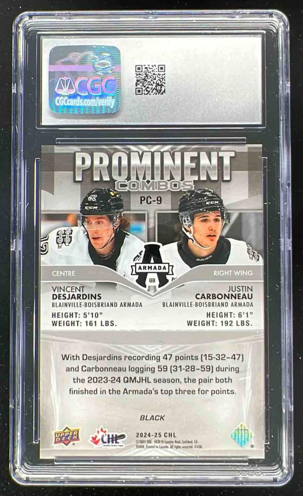 2024 UD CHL Prominent Black Vincent Desjardins Justin Carbonneau 1/1 CGC 10 - Image 2