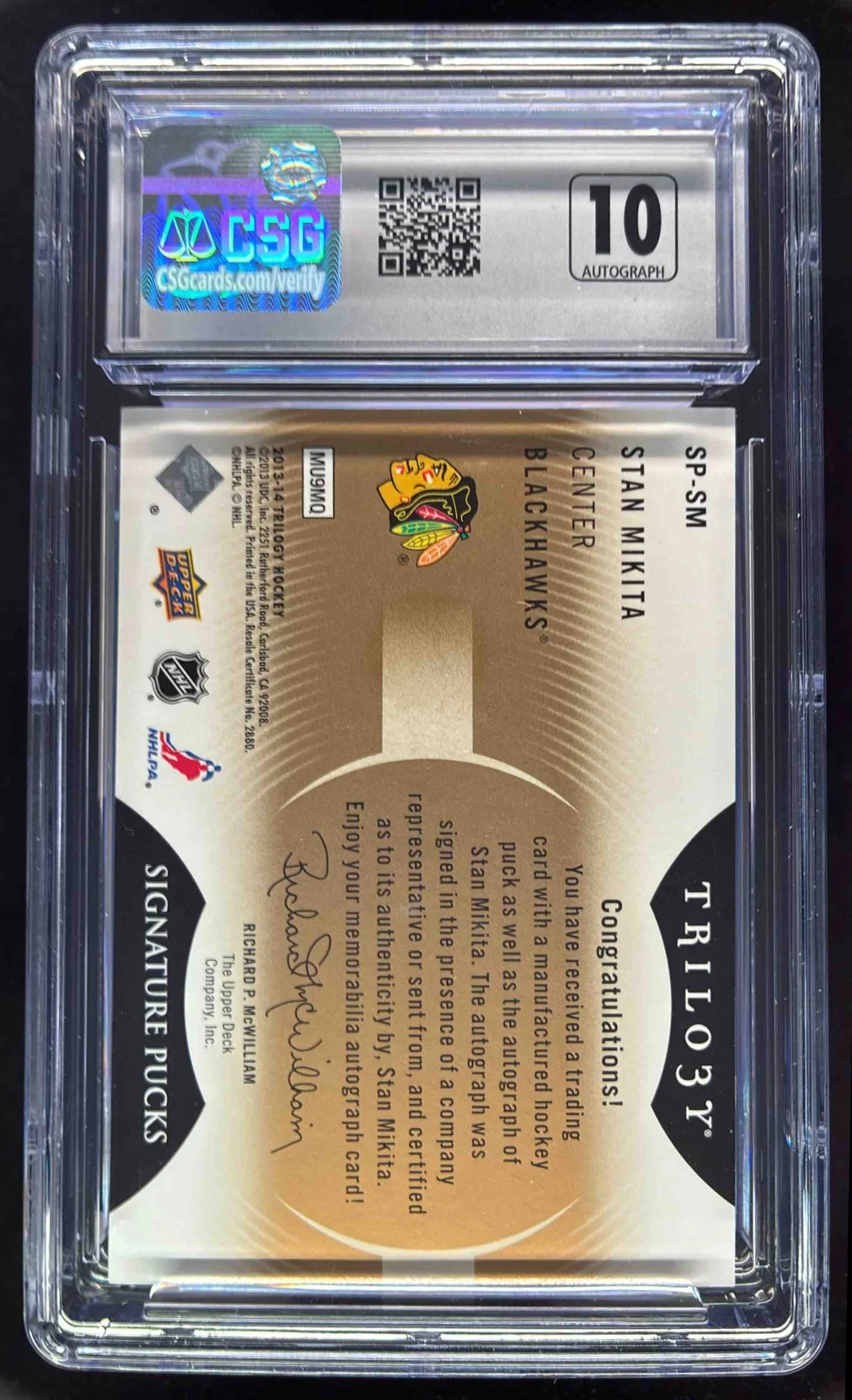 2013 Upper Deck Trilogy Signature Pucks #SP-SM Stan Mikita Autograph Auto CSG 8 - Image 2
