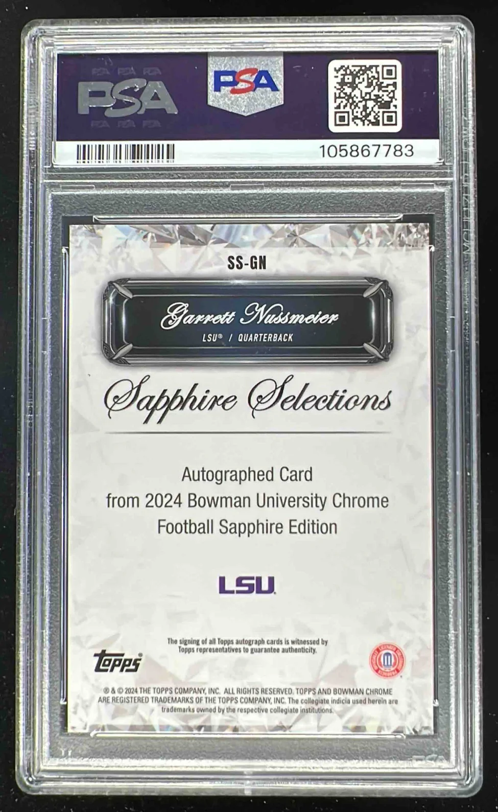2024 Bowman Chrome Sapphire Selections Black Garrett Nussmeier Auto /10 PSA 9 - Image 2