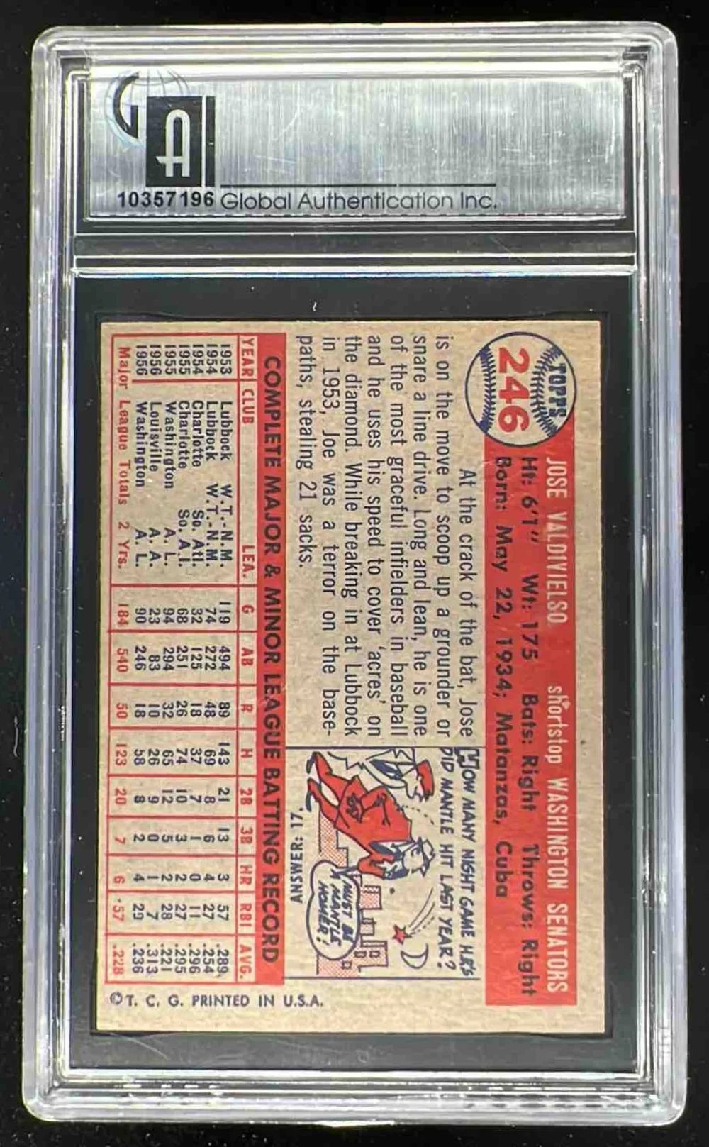 1957 Topps #246 Jose Valdivielso GAI 8 - Image 2